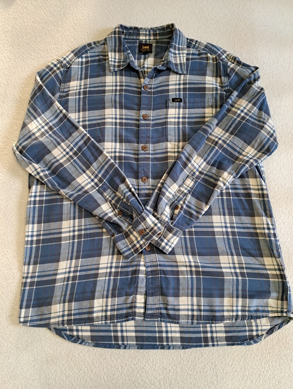 Lee Plaid Casual Button-Down Shirt XL Blue White Western Classic Fall Cotton